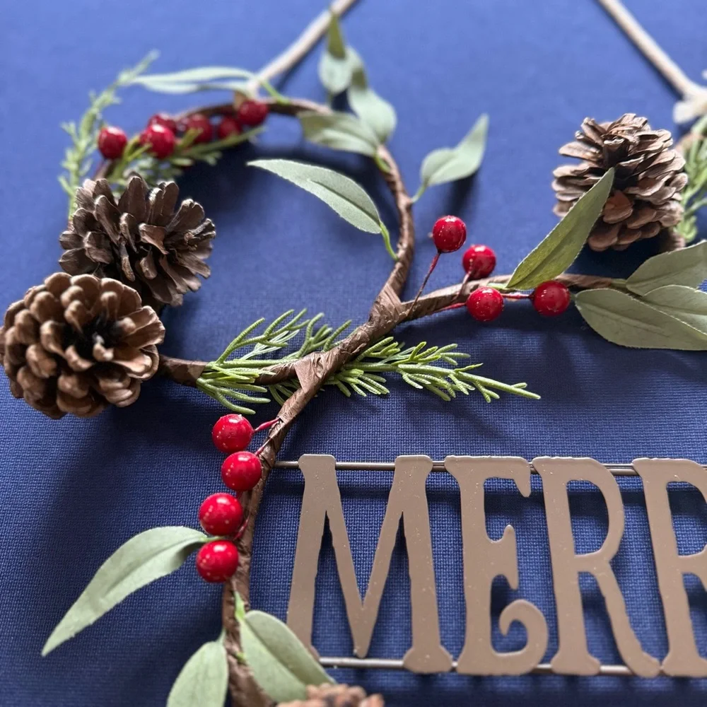 Disney Mickey Mouse “Merry” Holiday Wreath Rustic Pinecones & Berries